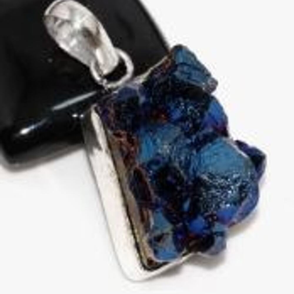 Blue-Purple Titanium Druzy .925 Silver Plated Crystal Pendant, 1.5"